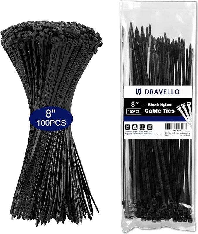 Pack of durable black zip ties for bundling Christmas lights and cords