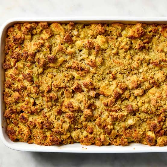Classic southern cornbread dressing baked golden brown in a casserole dish