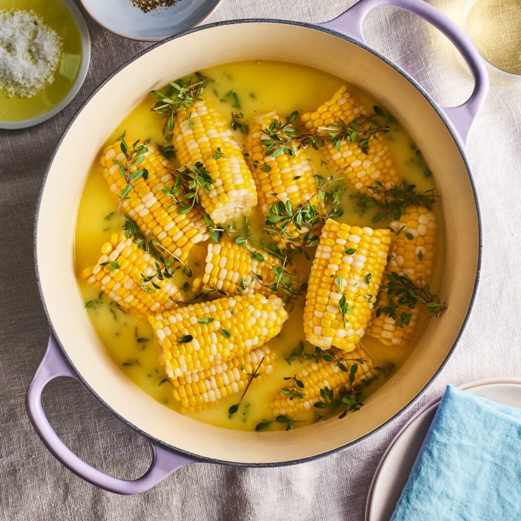 Corn on cob coated in garlic herb butter with fresh parsley on top
